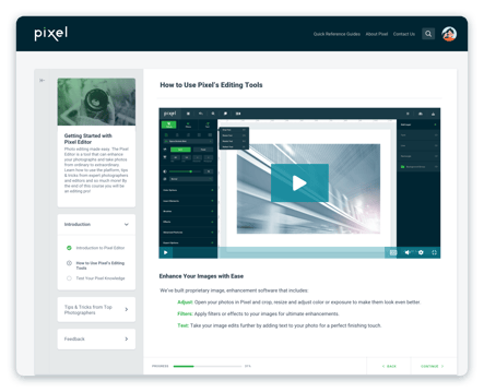 Pixel Academy, desktop, course viewer