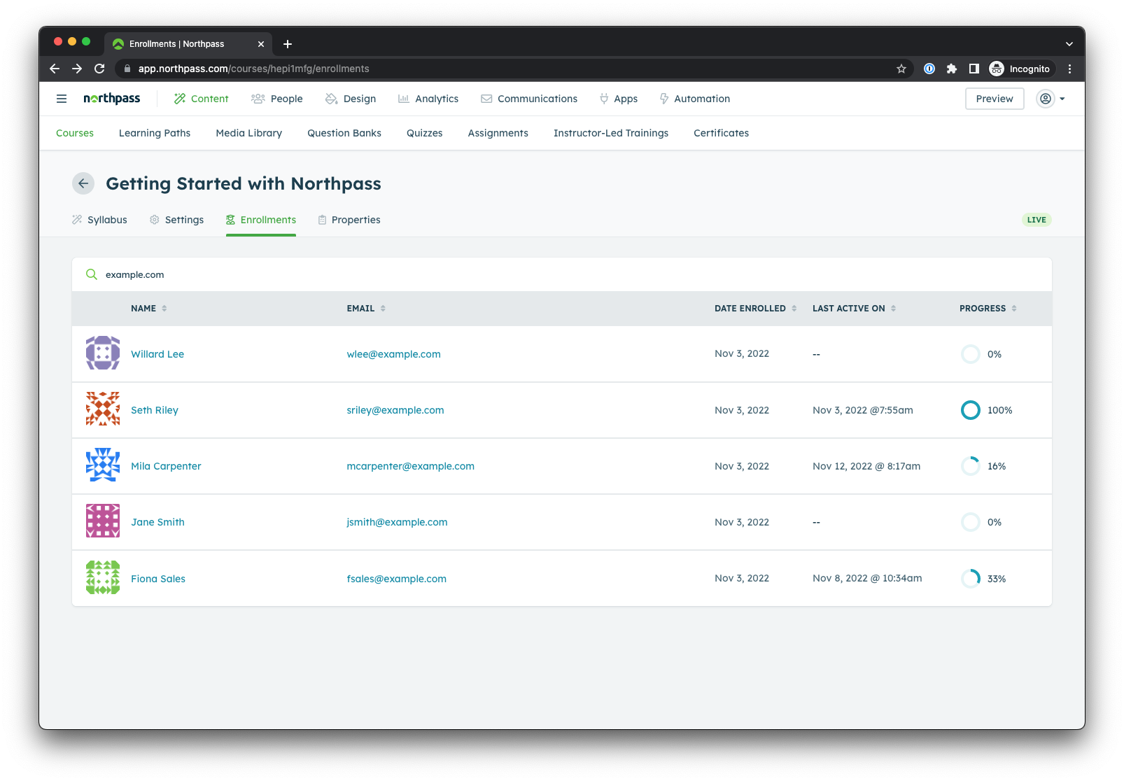 Enrollments tab in Northpass course view