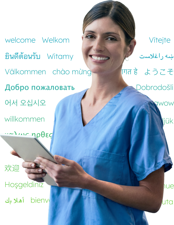 Nurse holding tablet with language translations